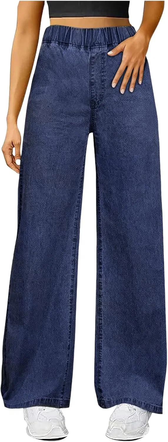 Женские утепленные джинсы с флисом, прямые широкие, High Waisted, тёмно-синий