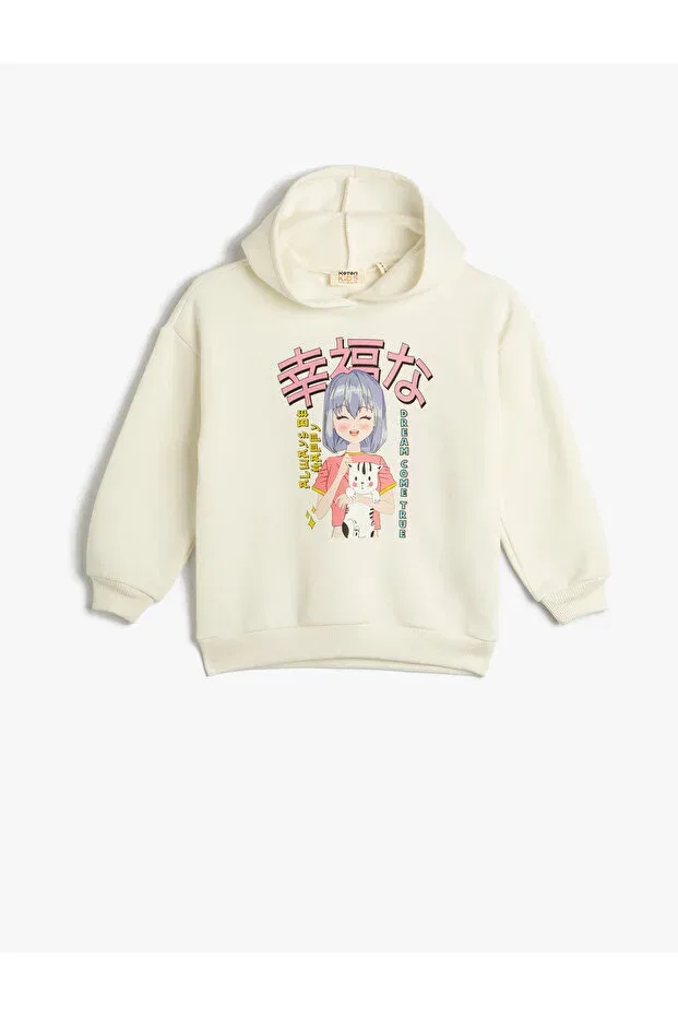 Детские свитшот для девочек с принтом Hooded sweatshirt anime printed long sleeve ribbon Koton, Ecru