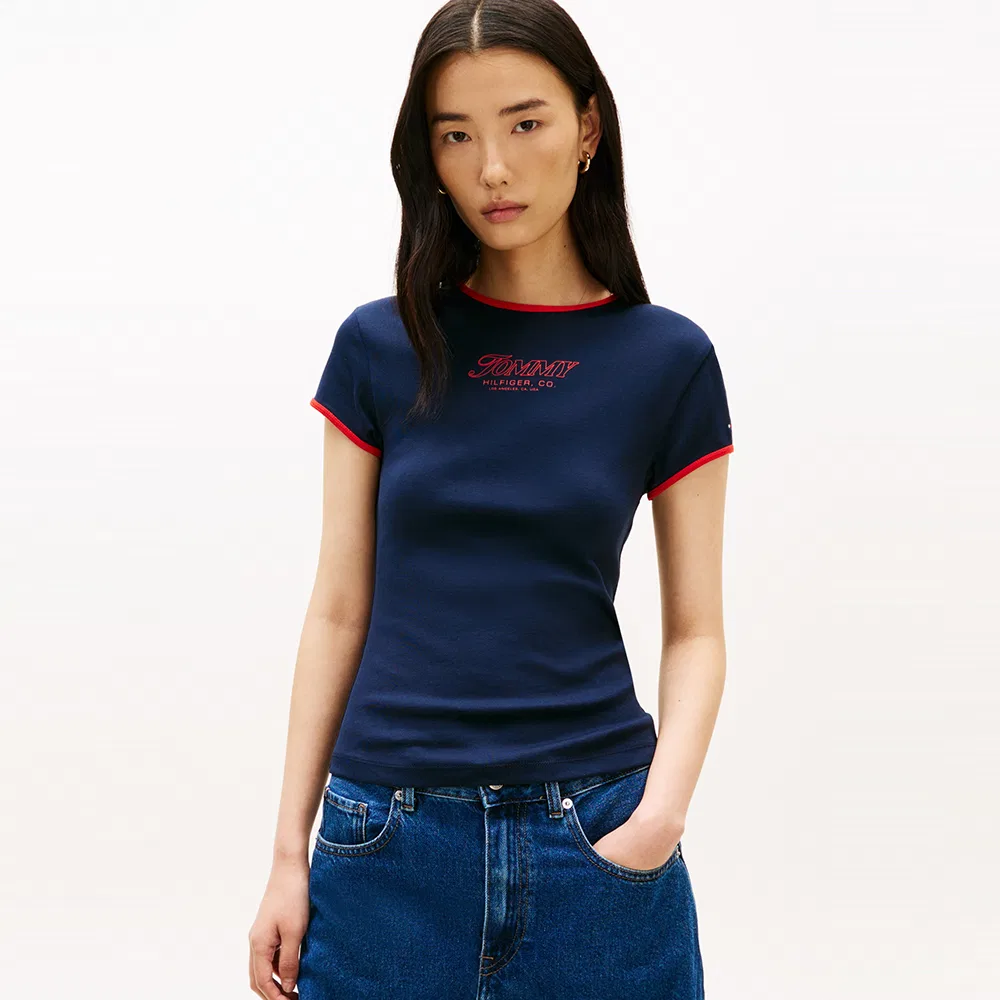 Женская футболка-рингер с логотипом и надписью тёмно-синего цвета от Tommy Hilfiger Women