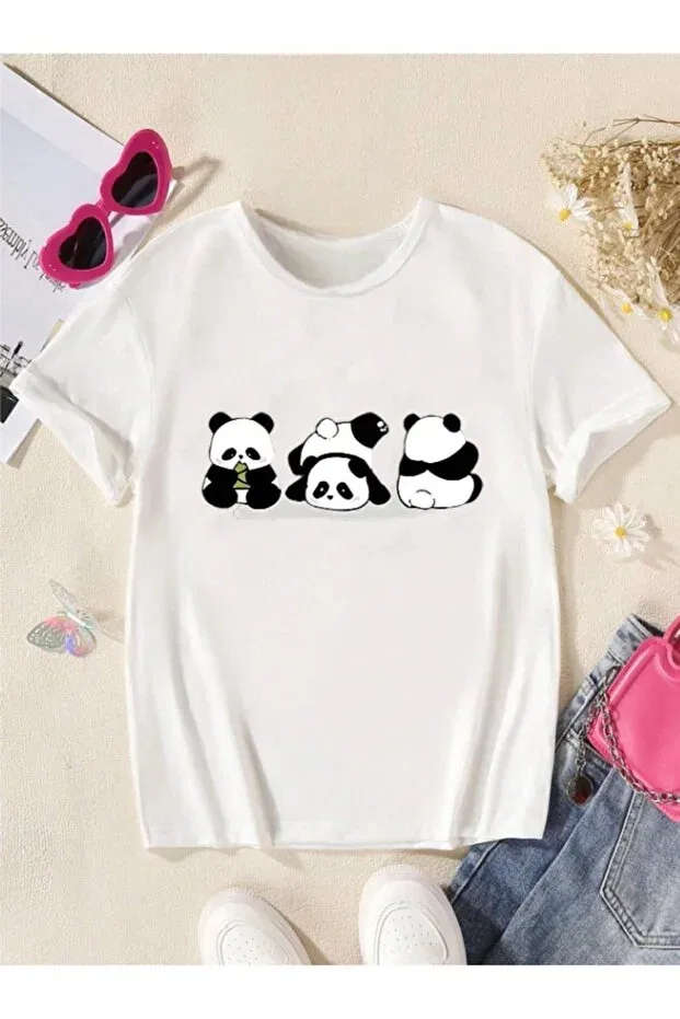 Детская футболка для девочек с принтом Children'S trend model panda printed cotton white tshirt Pelna, Triplepandaciklar