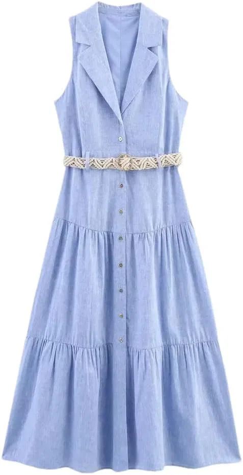 Женское офисное платье миди с поясом, Light Blue