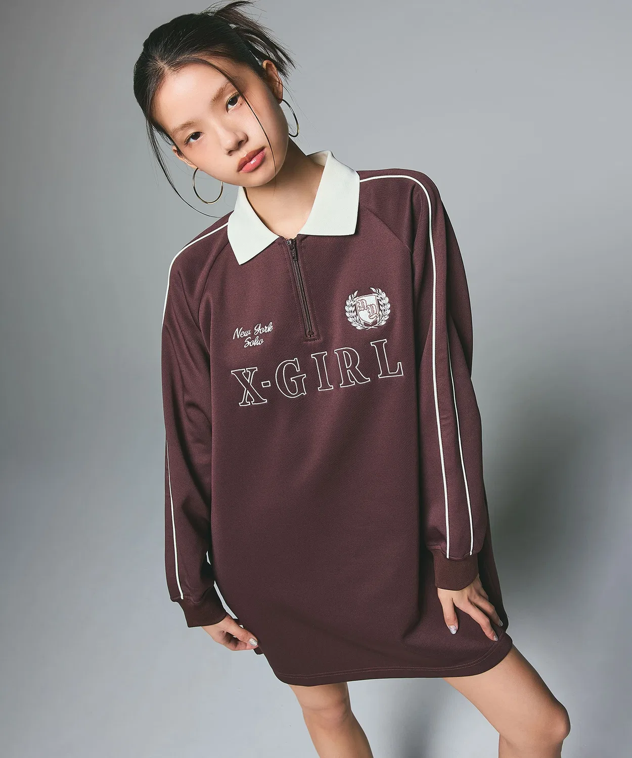 Детское платье из джерси с принтом HALF ZIP JERSEY DRESS X-girl, Brown