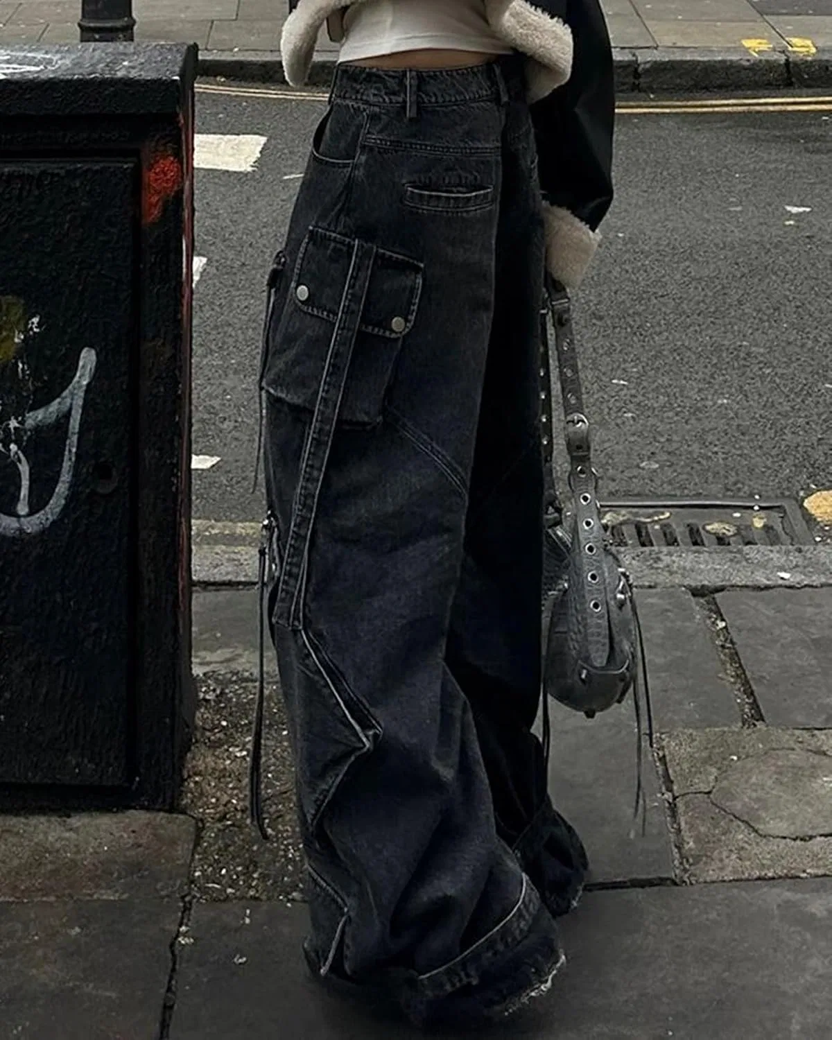 Женские джинсы с принтом Vintage Y2k Workwear Style, тёмно-серый — фото 3