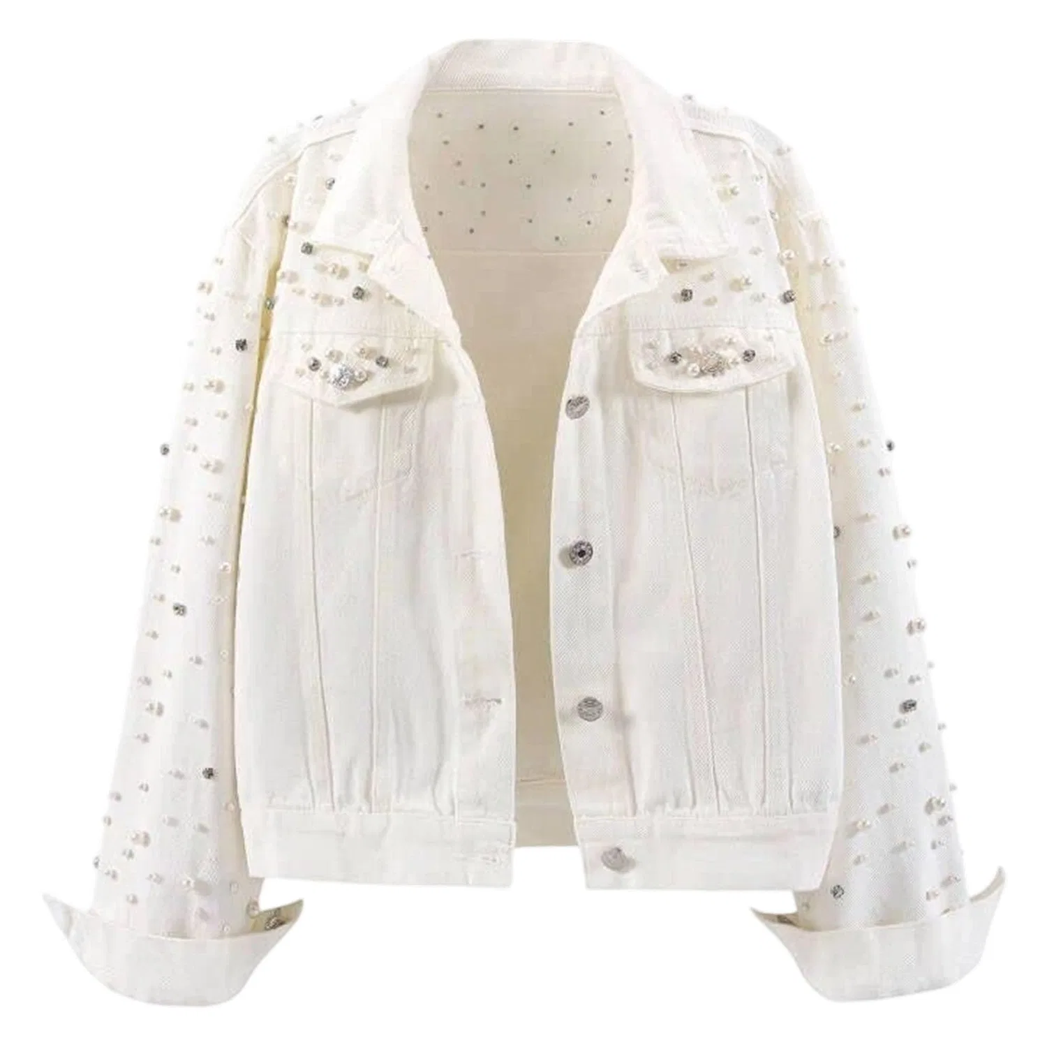 Женское джинсовое пальто с жемчугом и стразами, Bianco