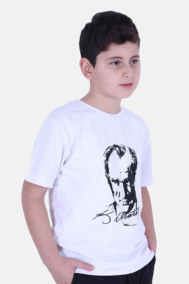 Детская футболка для мальчиков с принтом Ataturk Printed And Signed Unisexs T-Shirt Fyk Kids, White — фото 4