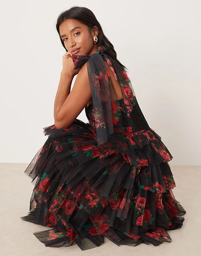 

Платье макси из тюля с кружевом и бисером, черное, розовое, с бантом на плече