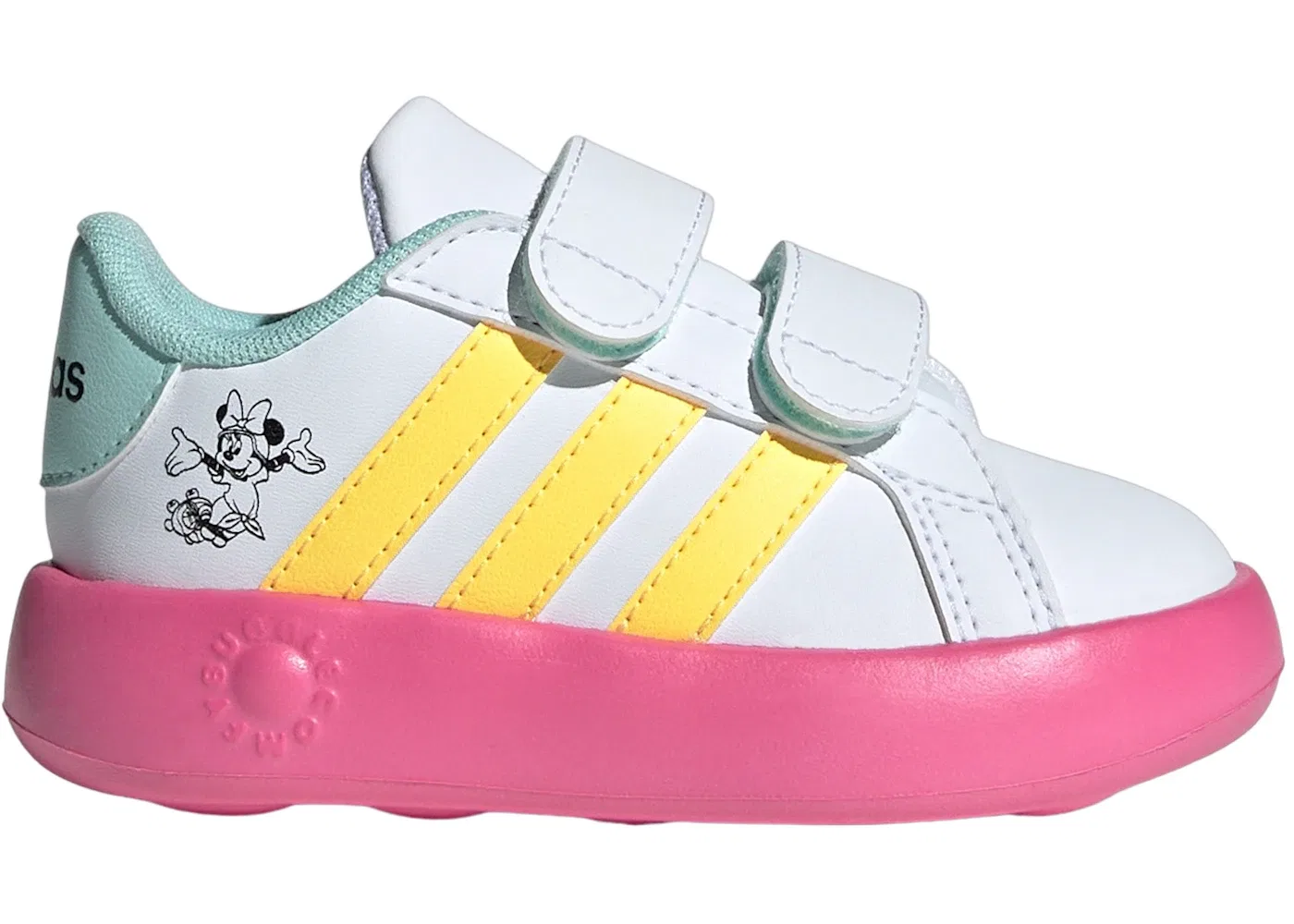 Детские кроссовки для девочек с принтом Adidas Grand Court Minnie Sportswear, Cloud White Spark Pulse Magenta