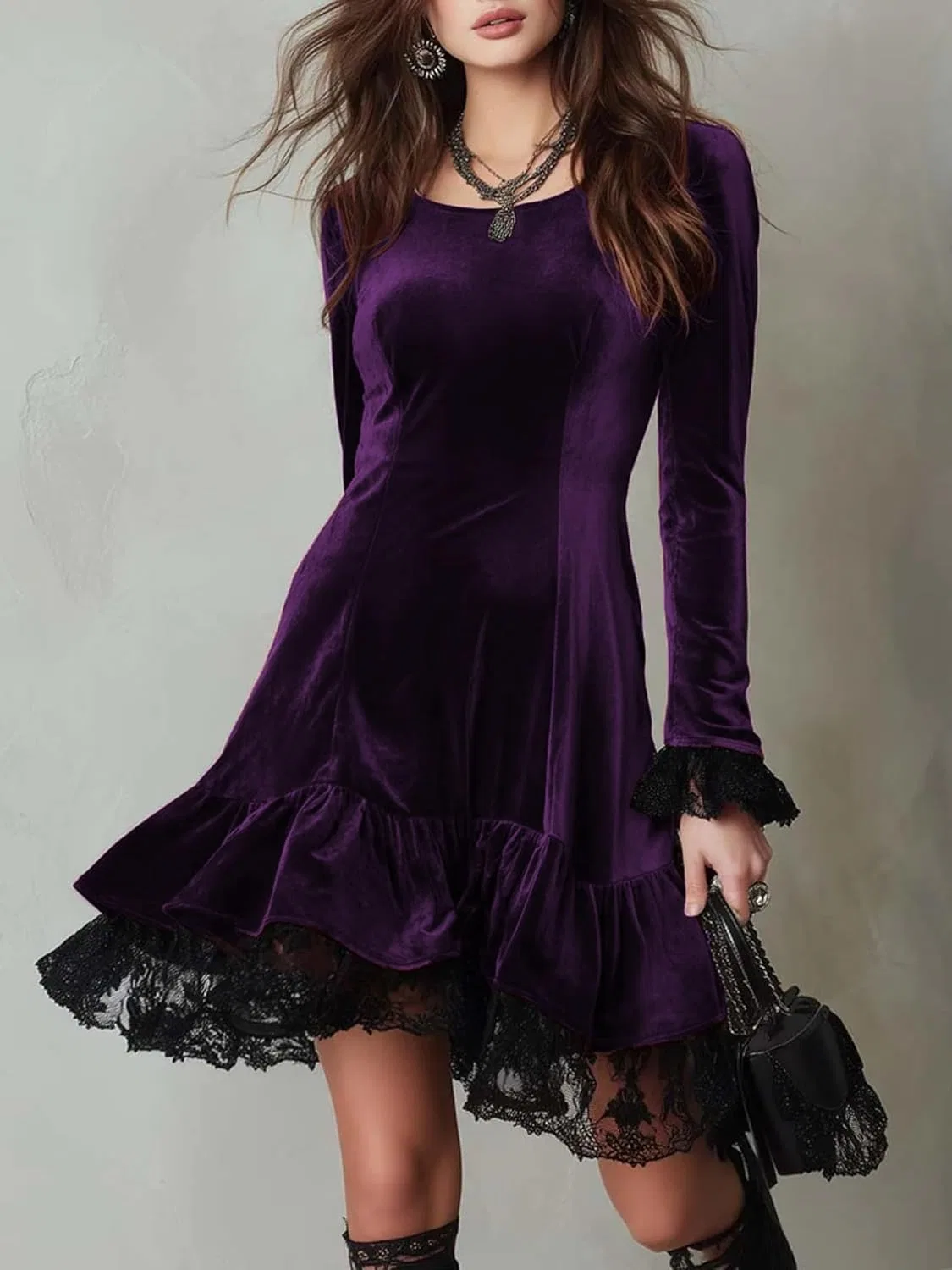 Женское бархатное платье с кружевной отделкой Round Neck, Purple — фото 2