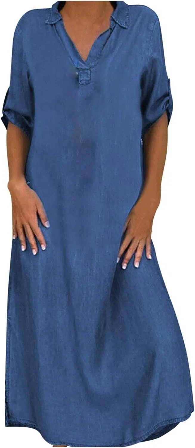 Женское платье-рубашка джинсовое с длинным рукавом, модель Long Maxi Button Down Roll Up Sleeve Loose Casual Tunic Dress with Pockets for Work Travel, синий