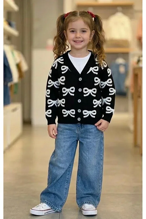 Детский комплект кардигана и джинсов с вышивкой бантом Papiy Kids, Black