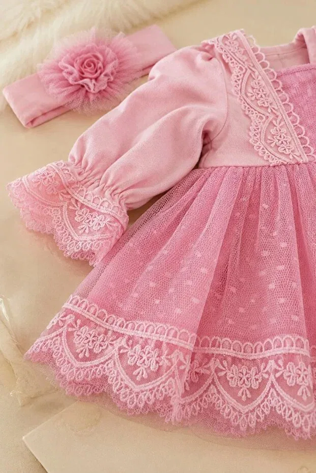 Детское платье для девочек кружевное Tuğra Bebe, Pink — фото 3