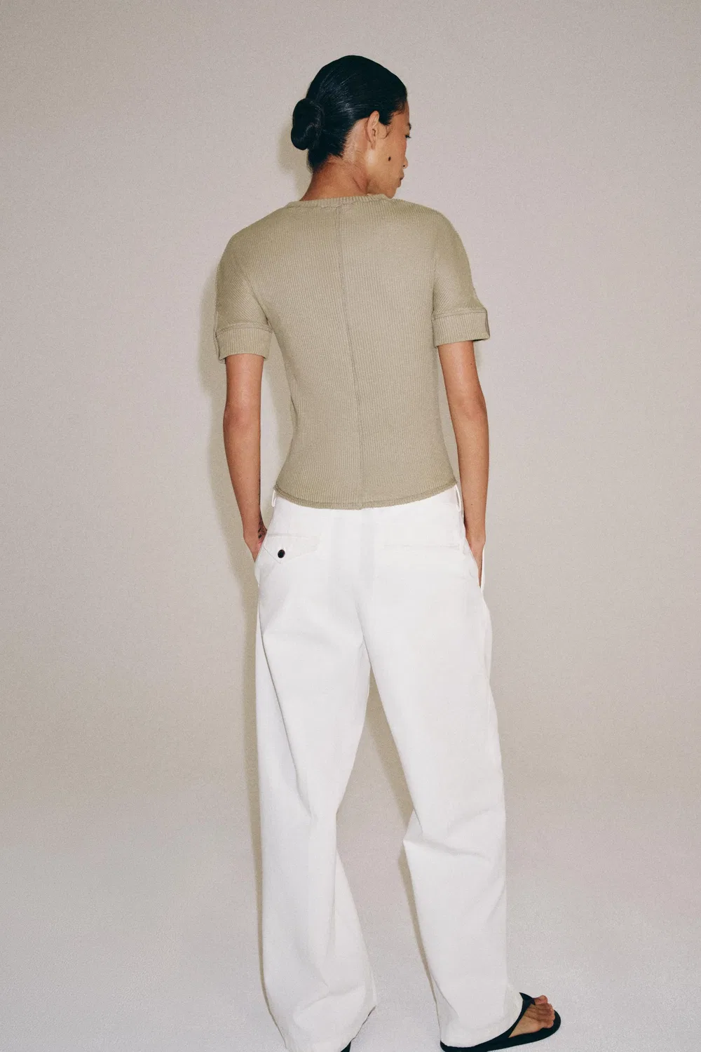 Хлопковая ребристая футболка ZARA, Khaki — фото 3