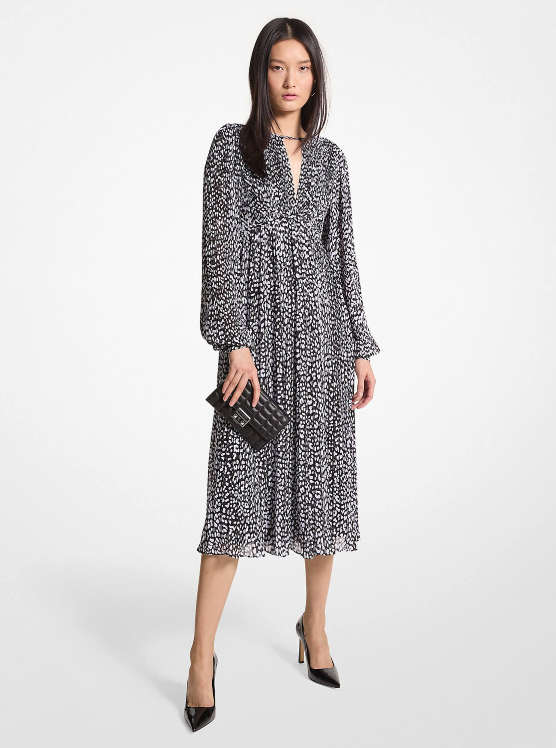 

Платье миди Michael Michael Kors Pleated Leopard Print Georgette, черный/белый