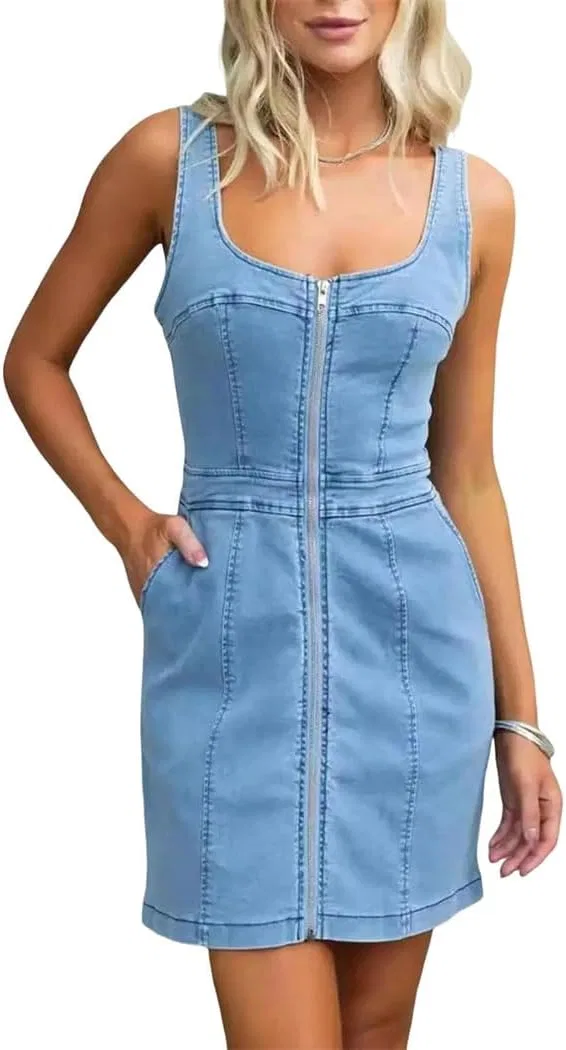 Женское джинсовое макси-платье без рукавов на пуговицах, Light Blue