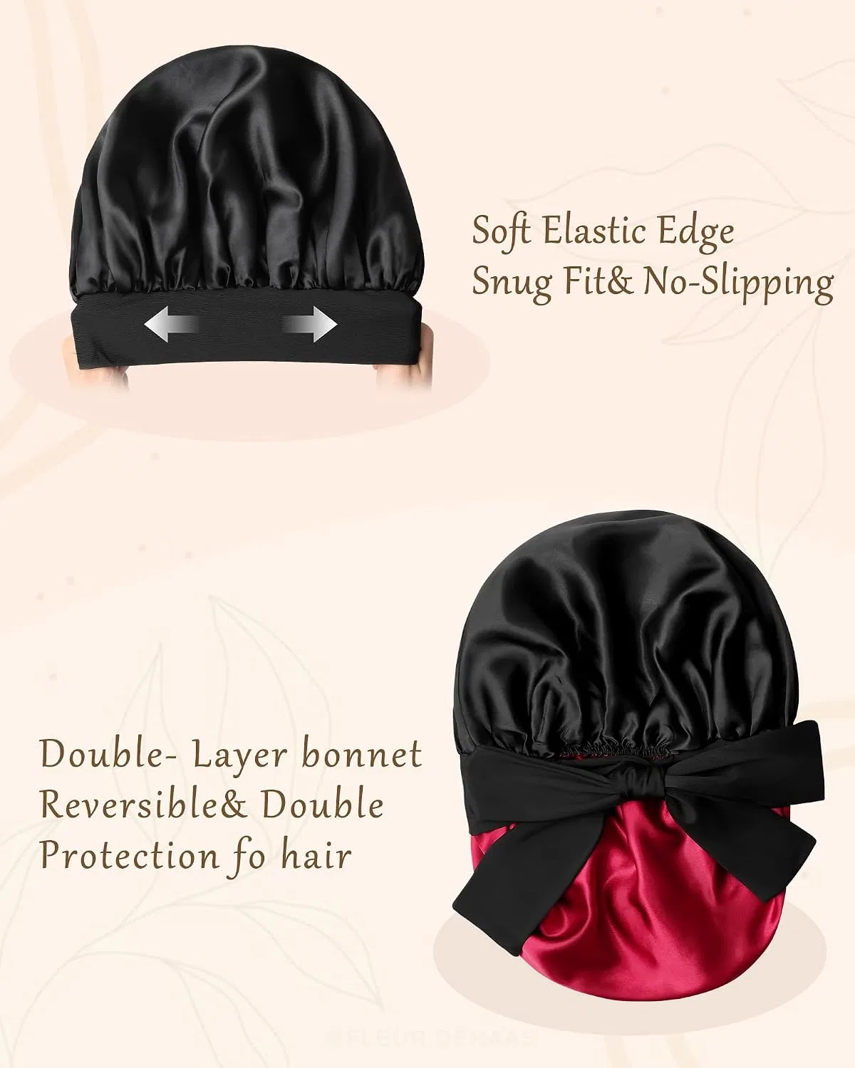 Шапочка для душа Satin Sleep Bonnet, двойной слой, с 2 резинками, CHLINS, черный/красный — фото 4