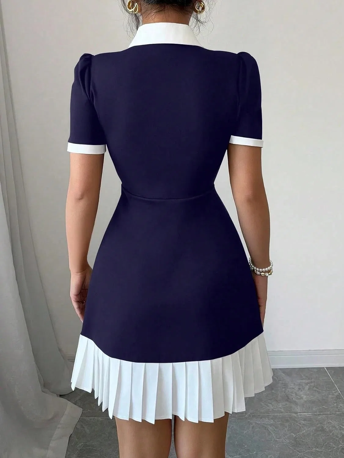 Женское элегантное цветблок платье с пышными рукавами, Navy Blue — фото 3