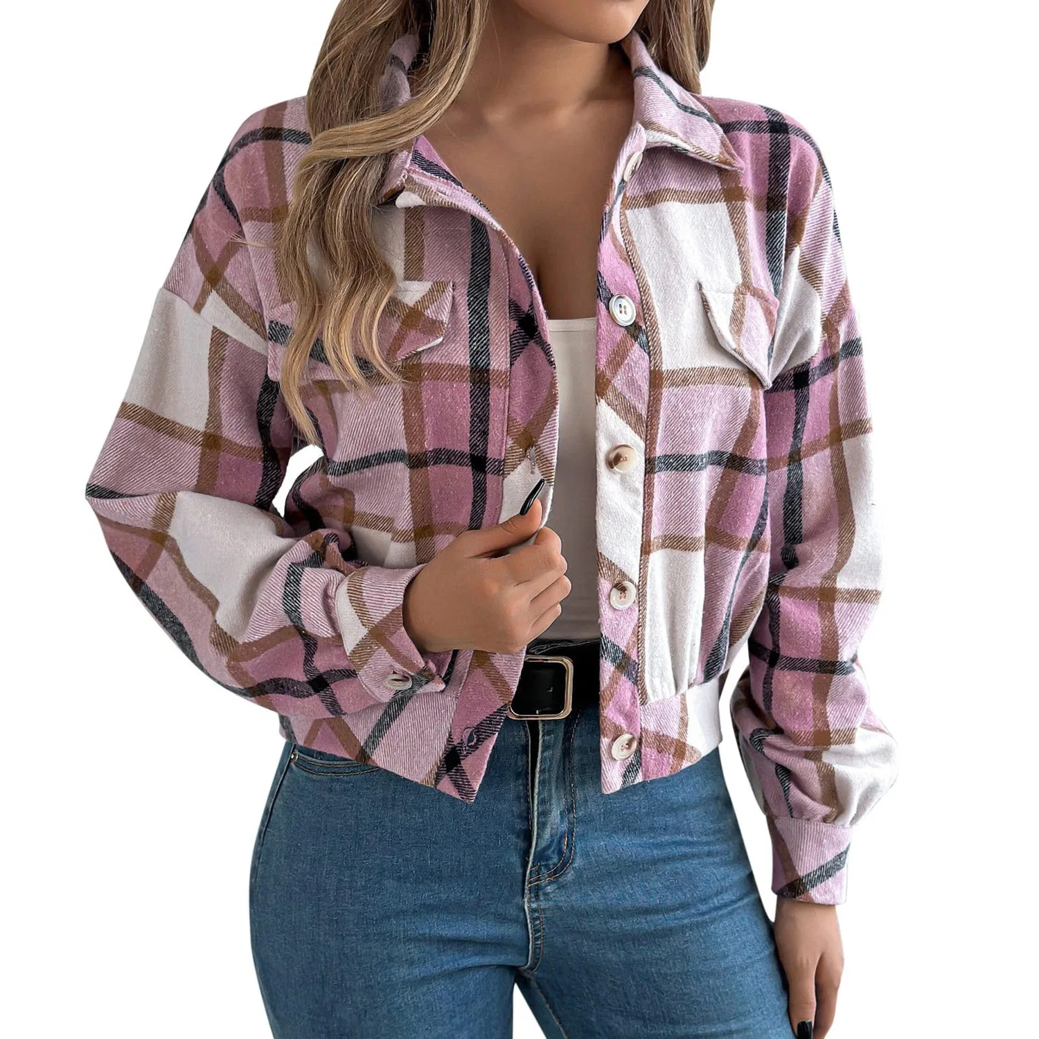 Женская фланелевая куртка в клетку с пуговицами, Colore: Rosa