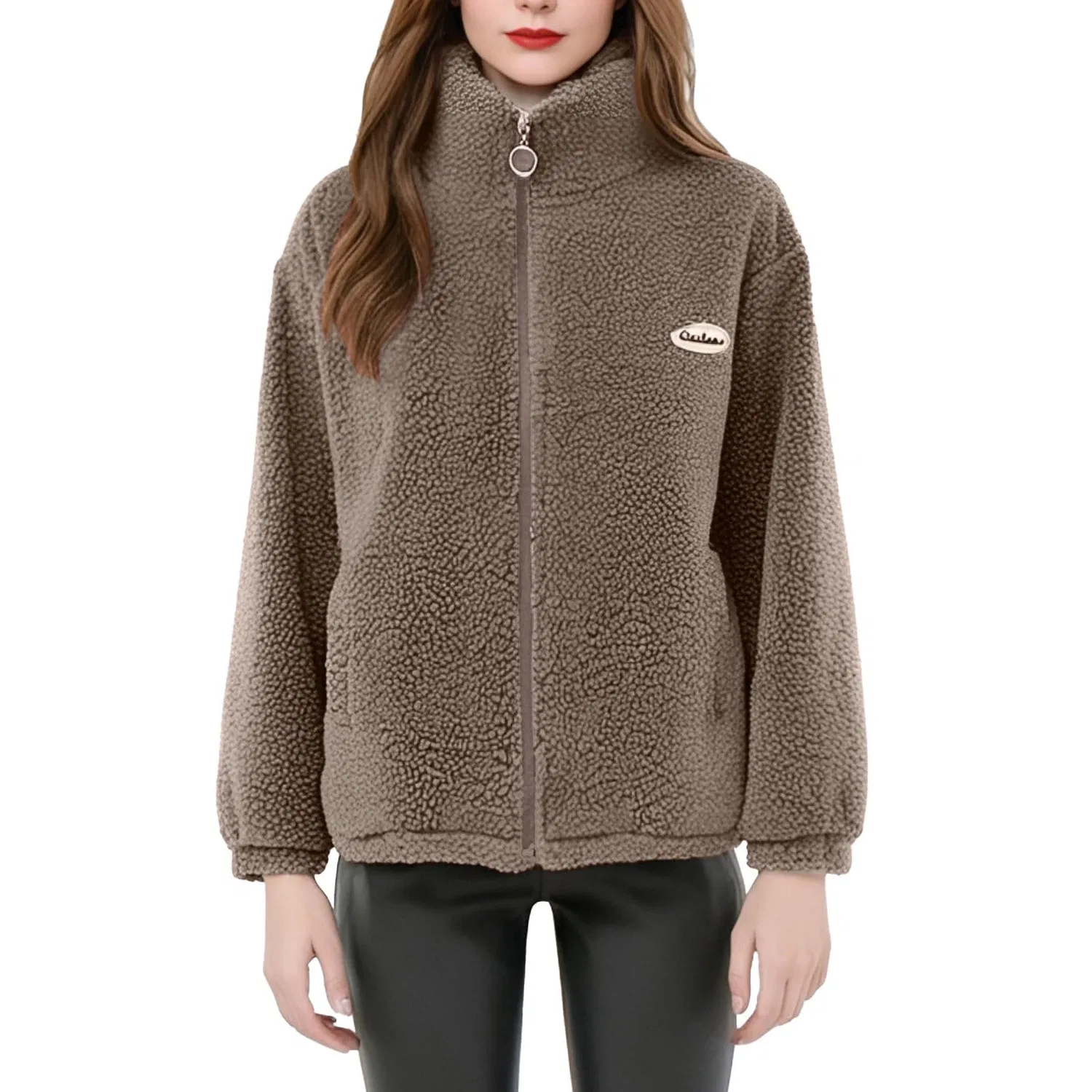 Женское зимнее пальто с воротником-стойкой из флиса, dark khaki