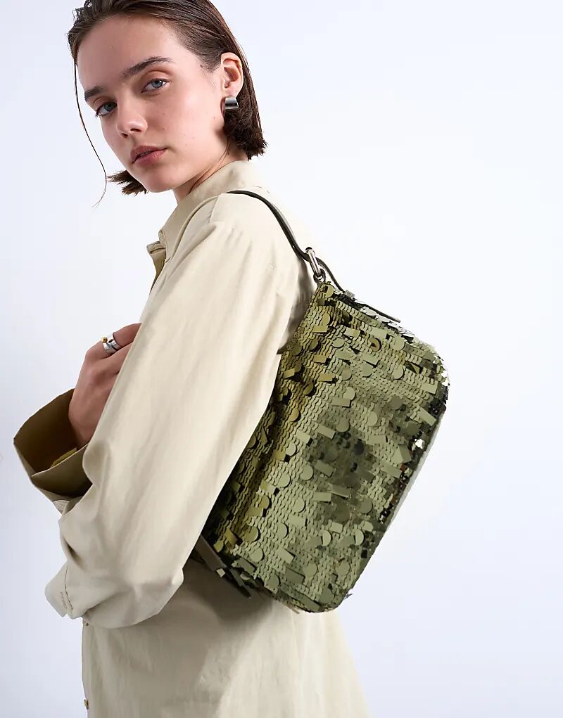 

Сумка Topshop Sol через плечо с пайетками и кожаной ручкой цвета хаки