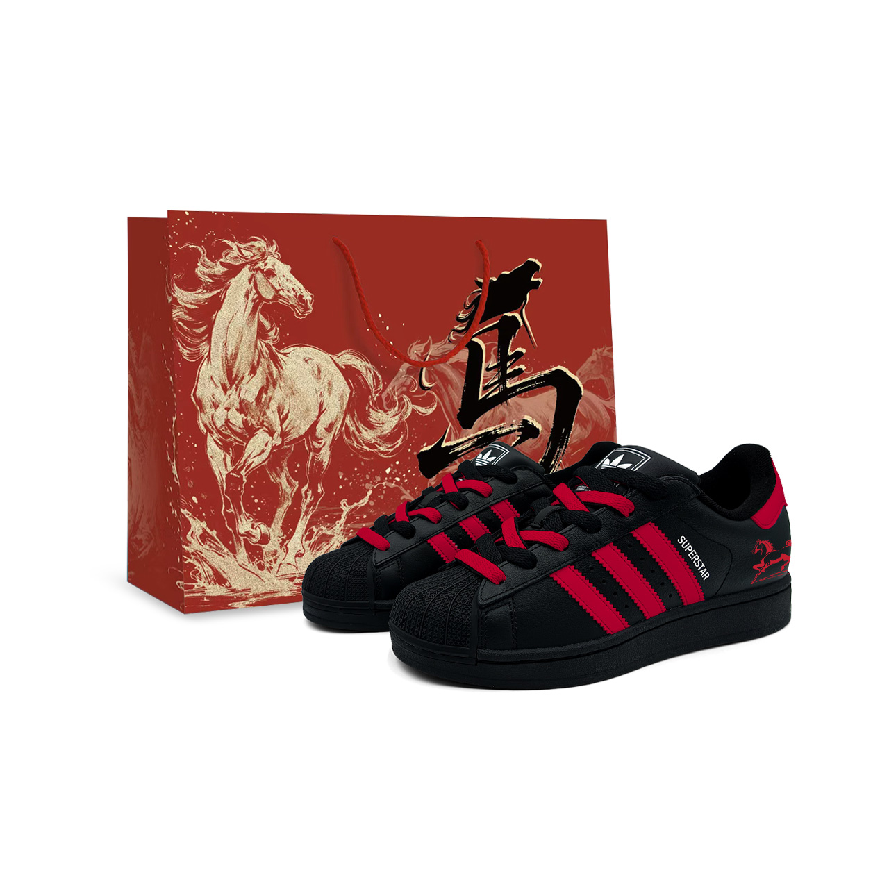 

Adidas Originals Superstar 2 Crimson Leaping Horse Low top Детские скейтбординг кроссовки Black Red для подростков