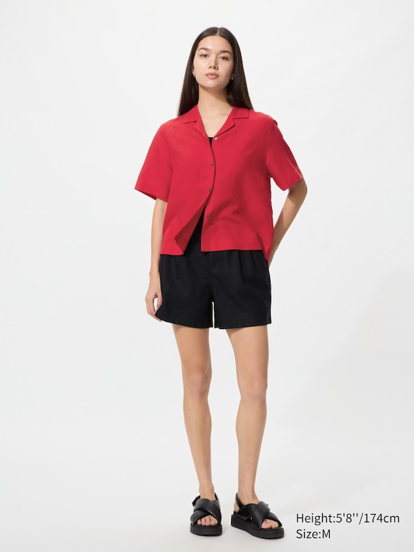 Рубашка из смесового льна с открытым воротником, короткий рукав Uniqlo, 37 brown — фото 2