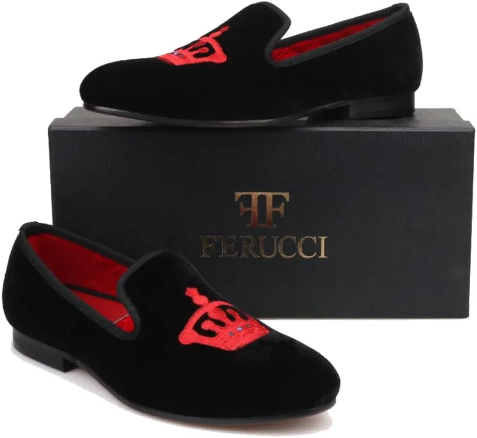 Лоферы мужские FERUCCI, модель Handmade Men Black Velvet Slippers Flats Loafers with Red Crown Limited, черный — фото 2