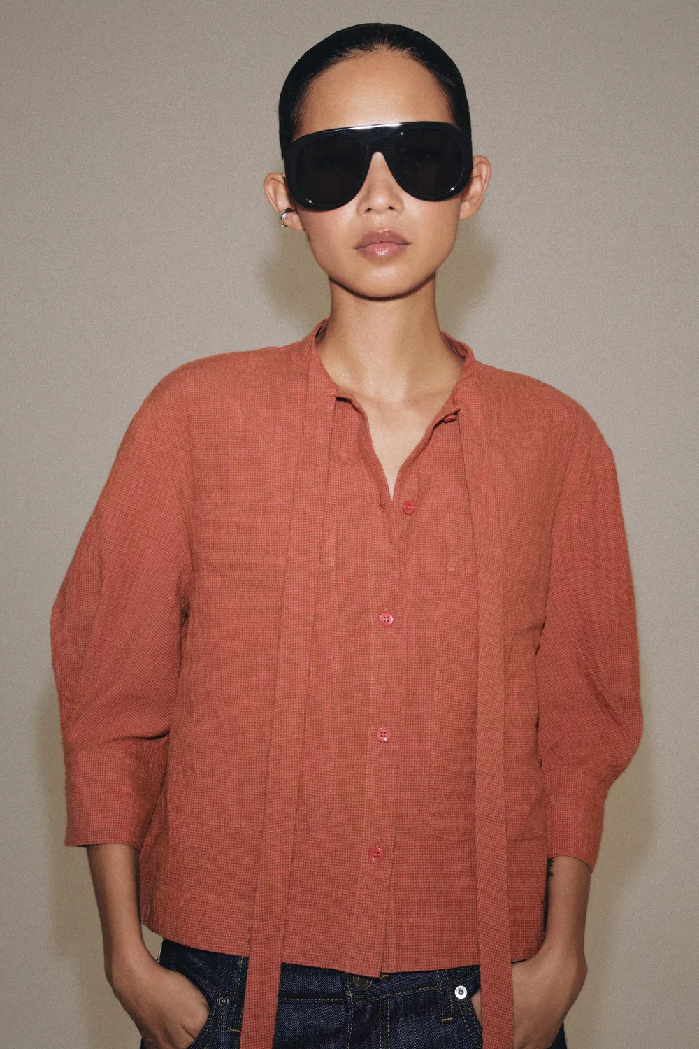 Рубашка из льняной смеси от ZW COLLECTION с завязками. ZARA, Burnt orange — фото 2