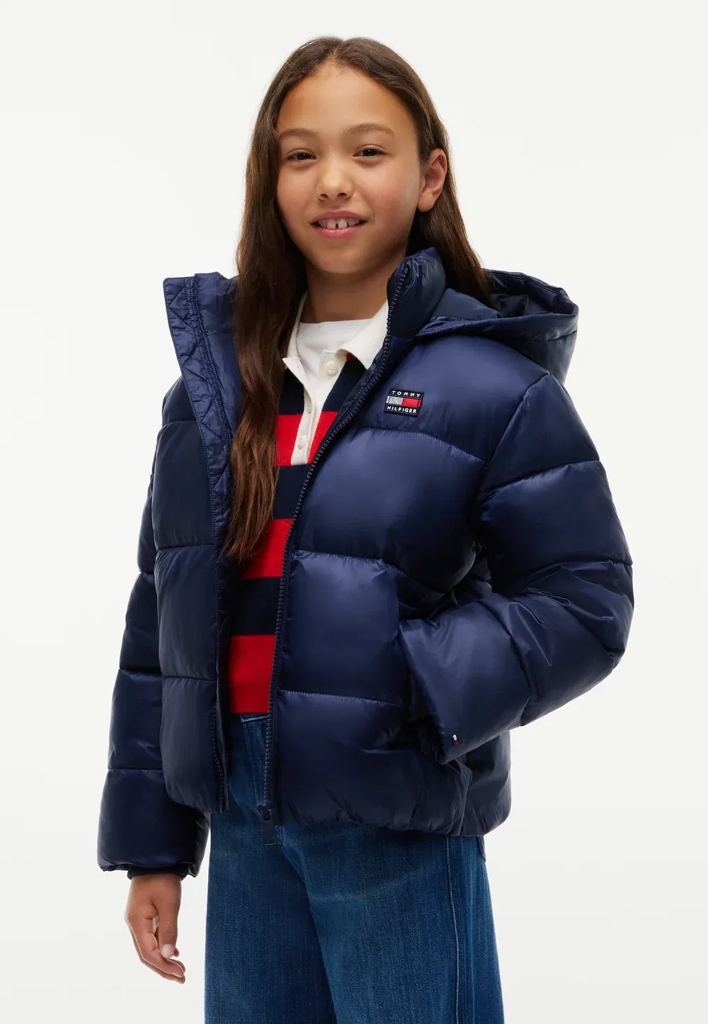 Блестящая пуховая куртка с капюшоном, унисекс - зимняя куртка Tommy Hilfiger, Dark Blue
