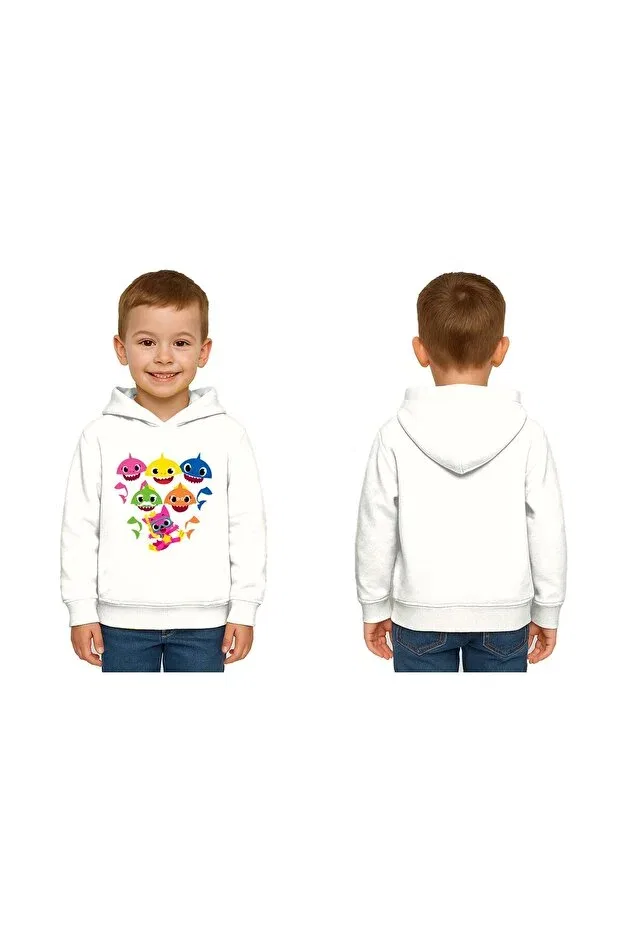 Детские свитшот для девочек с принтом Unisex Baby Shark Printed Children's Sweatshirt Hooded 3 Thread Rased Sedirli, White