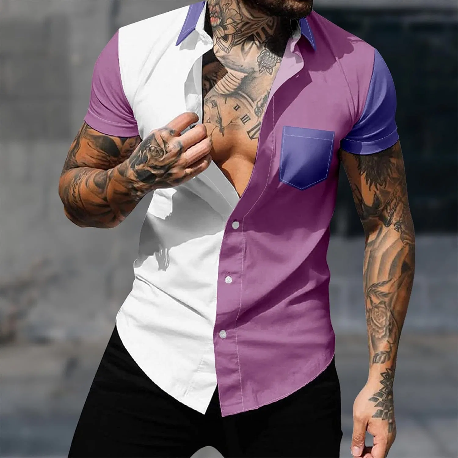 Мужская рубашка для боулинга с винтажным пэчворком, Purple — фото 2