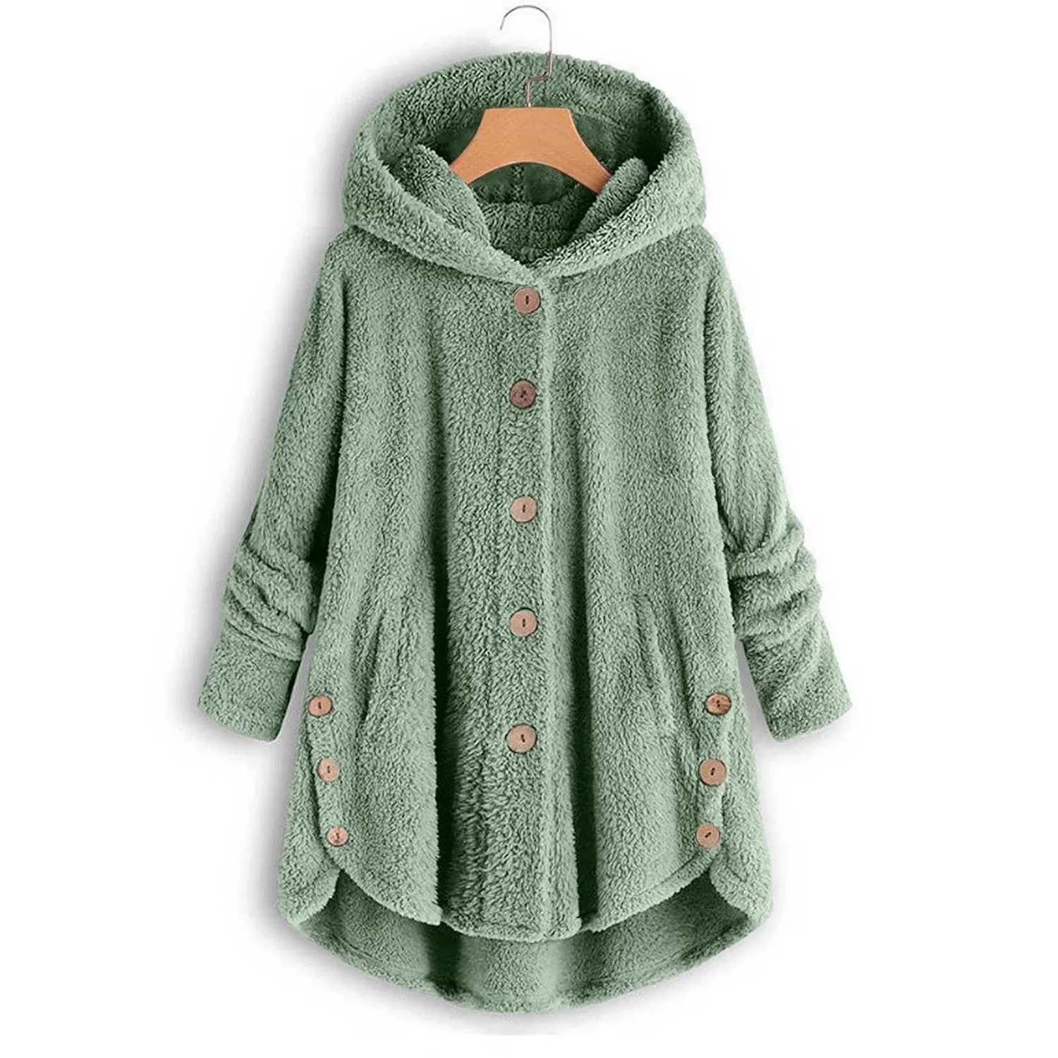 Женское пальто из флиса с капюшоном и принтом, модель Fuzzy Fleece Coat, 01#Verde chiaro — фото 2