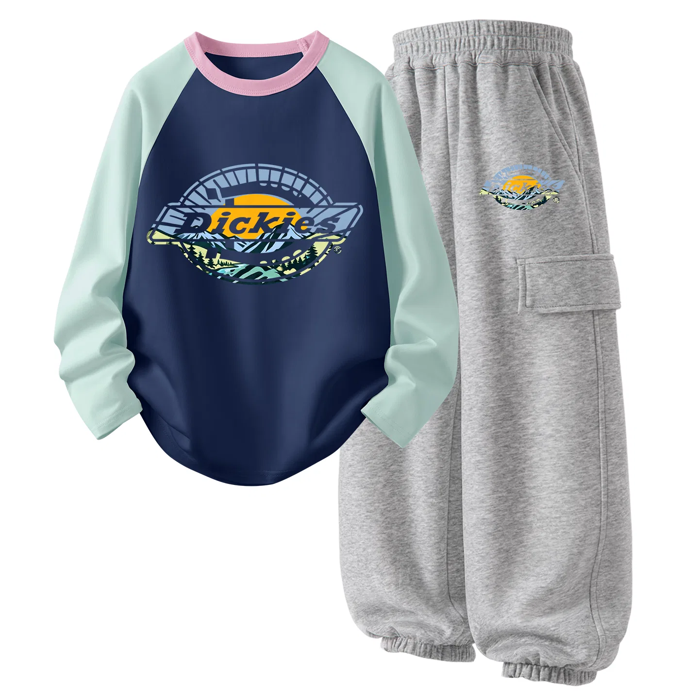 Детский комплект из футера с принтом Sun Mountain Logo Dickies, Aqua Blue/Heather Gray