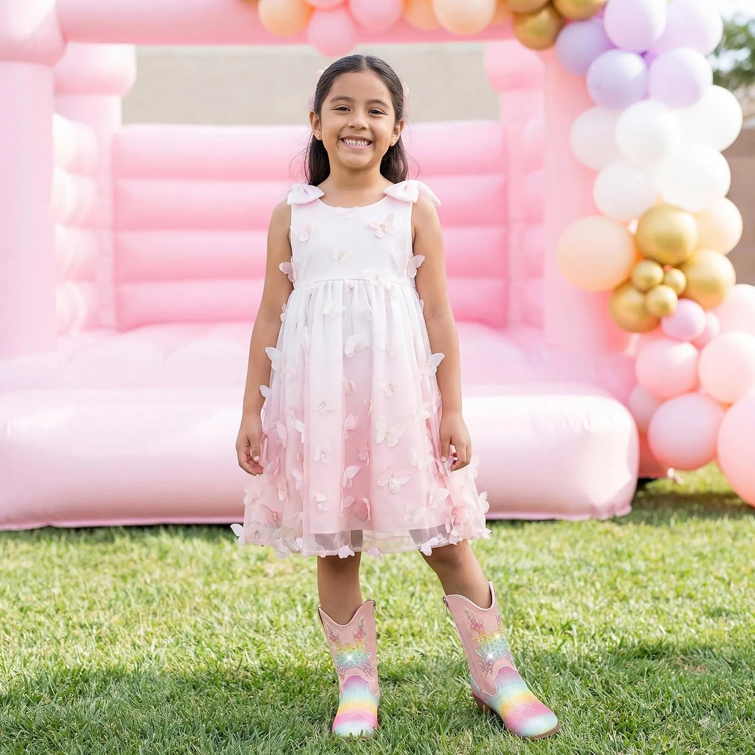 Детские сапоги для девочек с блестками и стразами Cowgirl Boots Motasha, Rainbow Pink — фото 3