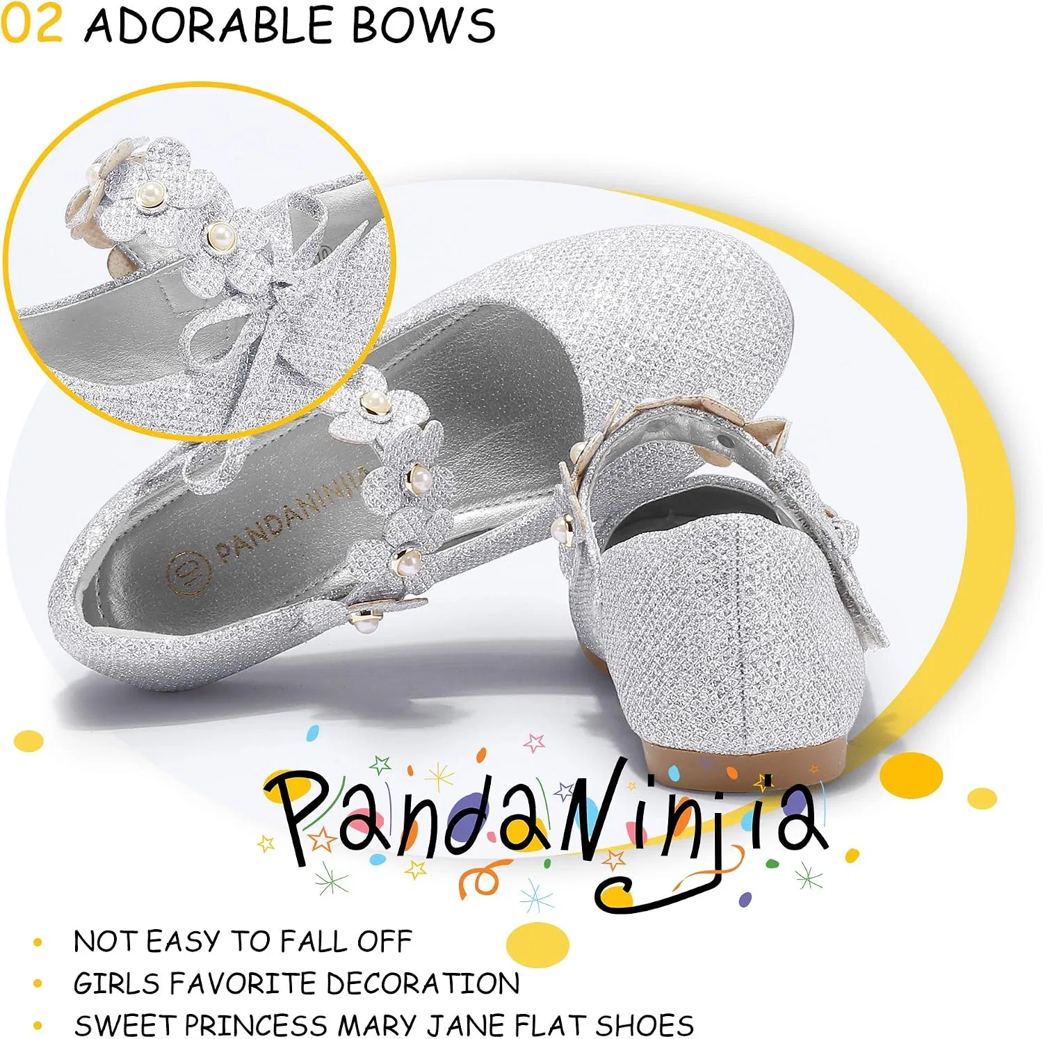 Детские туфли-балетки для девочек с жемчугом PANDANINJIA, Silver Sparkle — фото 4