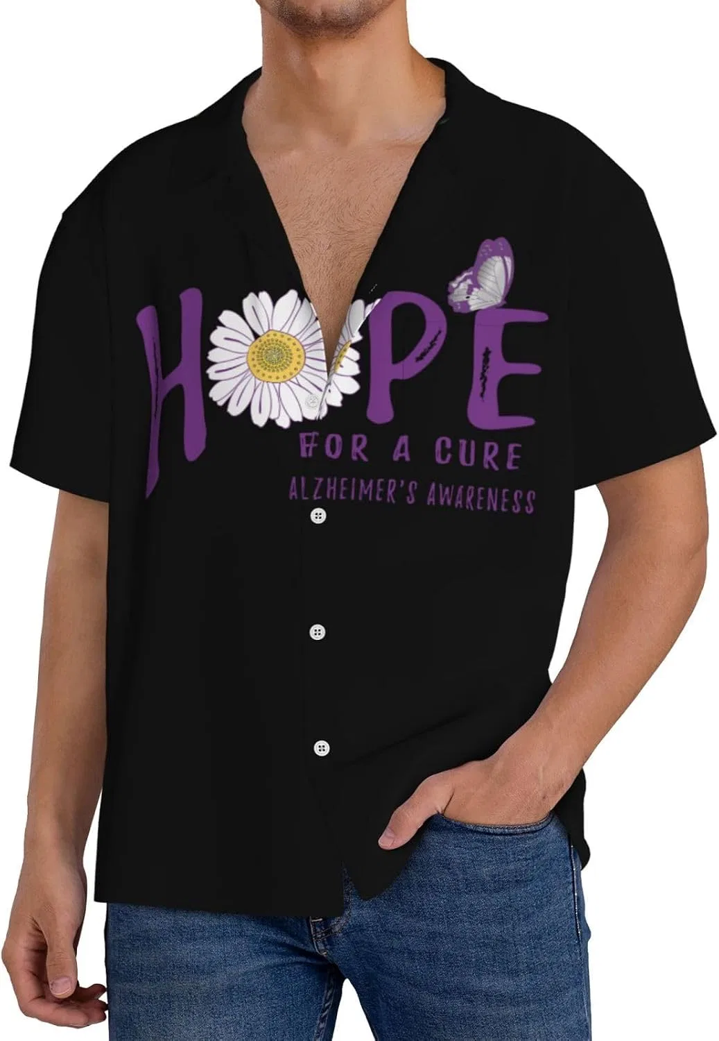 Мужская свободная рубашка с коротким рукавом Cuba collar Hope For A Cure Alzheimer's Awareness, Black