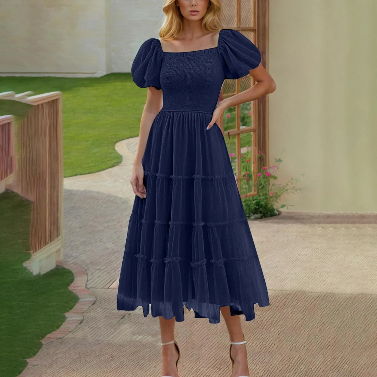 Женское летнее макси-платье с V-образным вырезом и эластичной талией, Navy — фото 3