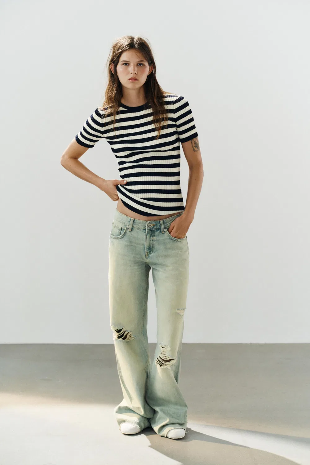 Полосатый ребристый топ ZARA, Navy/White