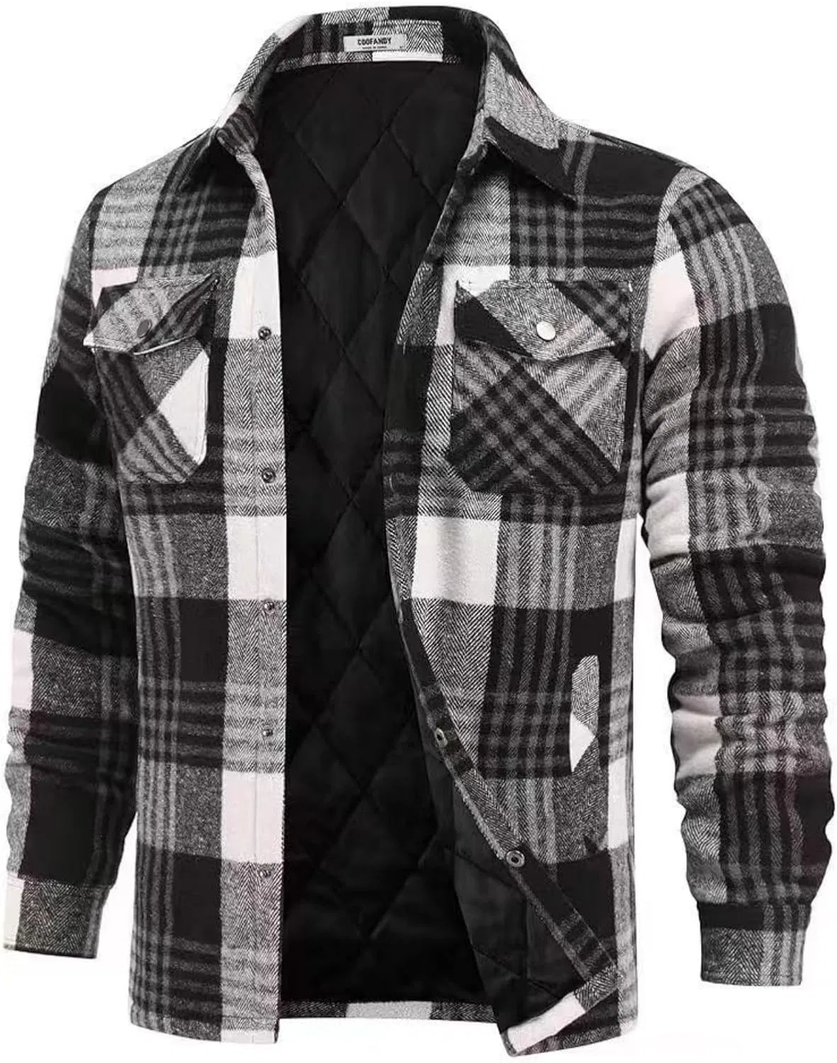 Мужская стеганая фланелевая куртка-рубашка с принтом, Black And White Plaid