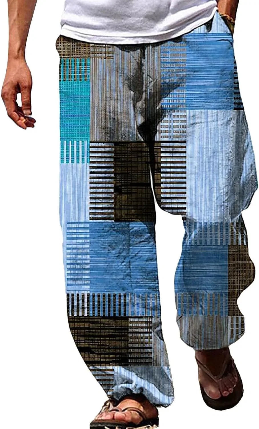 Мужские брюки свободного кроя с завязкой, Patchwork Linen, синий