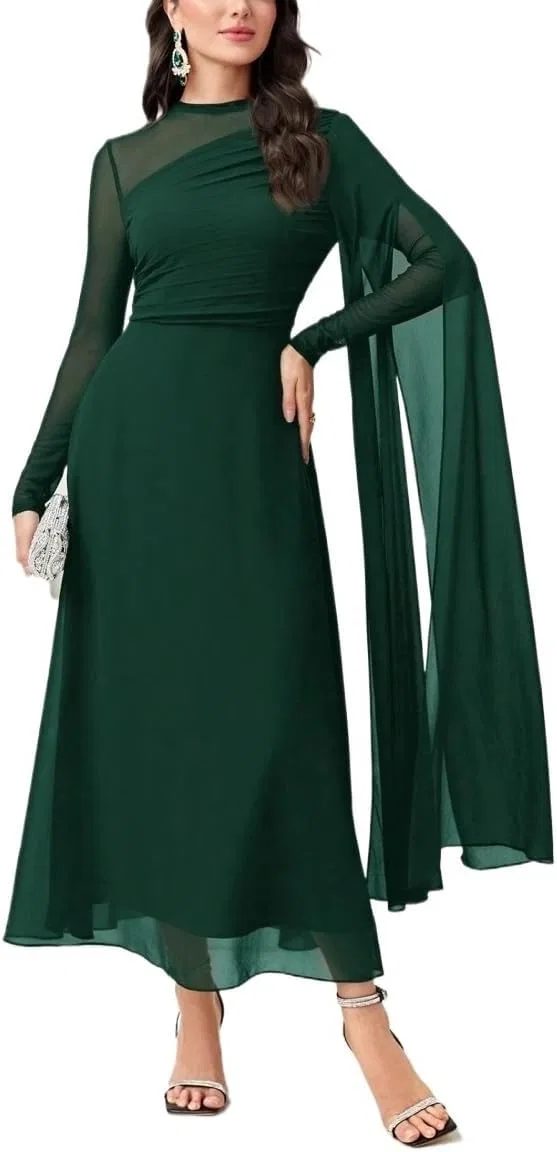 Женское длинное платье A-силуэта с длинным рукавом, Dark Green