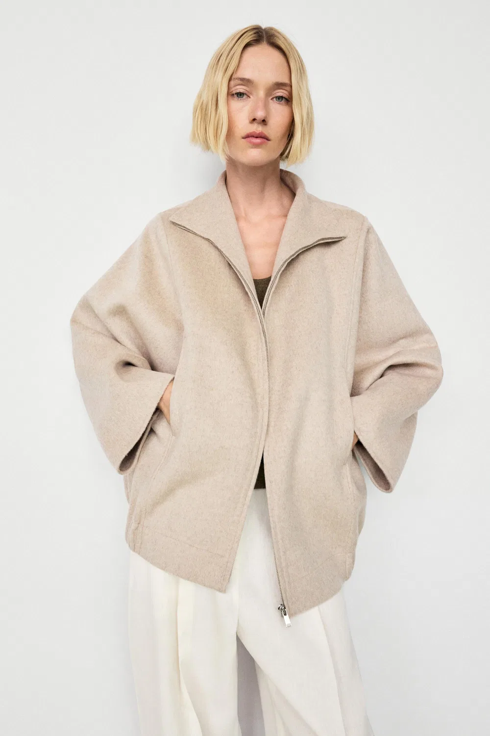 Бомбер Massimo Dutti, из шерстяной смеси, бежевый