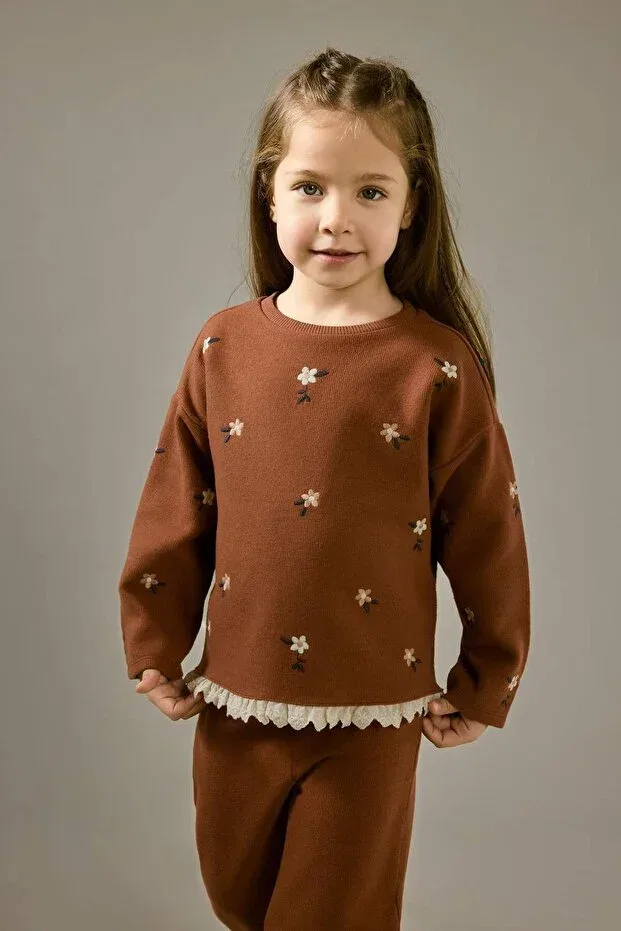 Детская футболка для девочек с принтом Oversized loose fit crew neck floral long sleeve t-shirt baby girl g6839a525cw Defacto, Coffee-Bn176