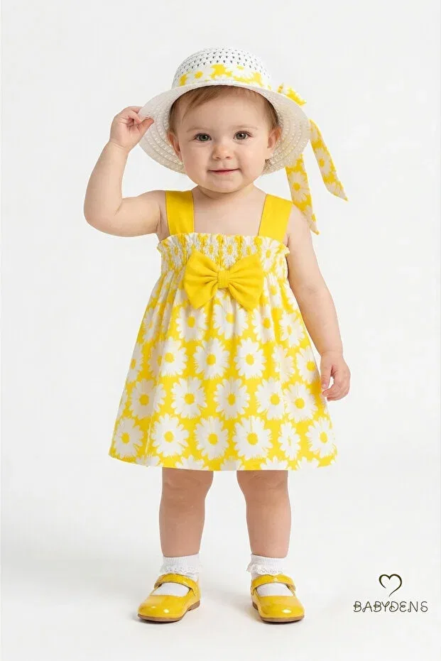 Детское платье для девочек с принтом Baby girl floral print sling dress and hat set cotton summer daisy print bow baby dress Babyden'S, Yellow — фото 4