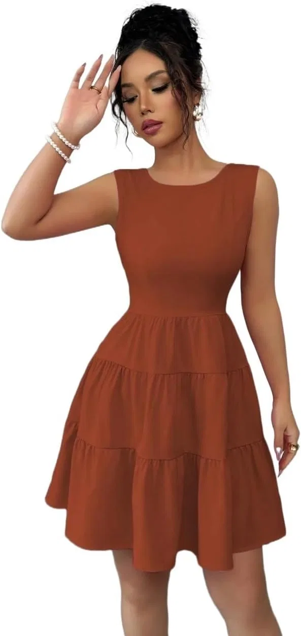 Женское летнее платье с рюшами, Sleeveless, Rust Brown