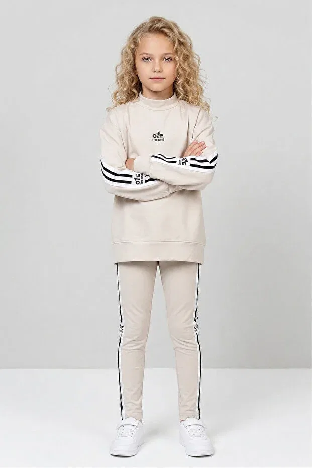 Детский спортивный комплект для девочек с принтом Striped Detail Piece Casual Black One, Stone — фото 3