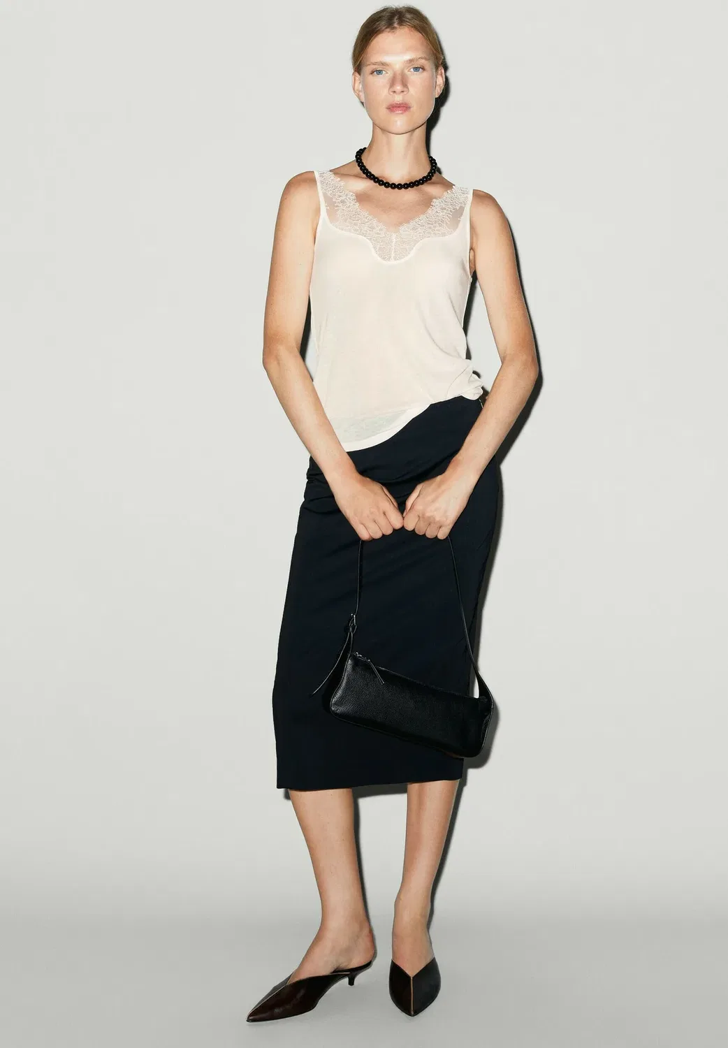 Топ-Майка с кружевной отделкой и бретелями Massimo Dutti, White