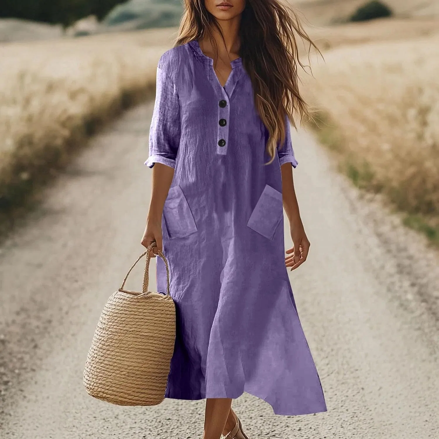 Женское платье-свитер свободного кроя с пуговицами, Purple — фото 3