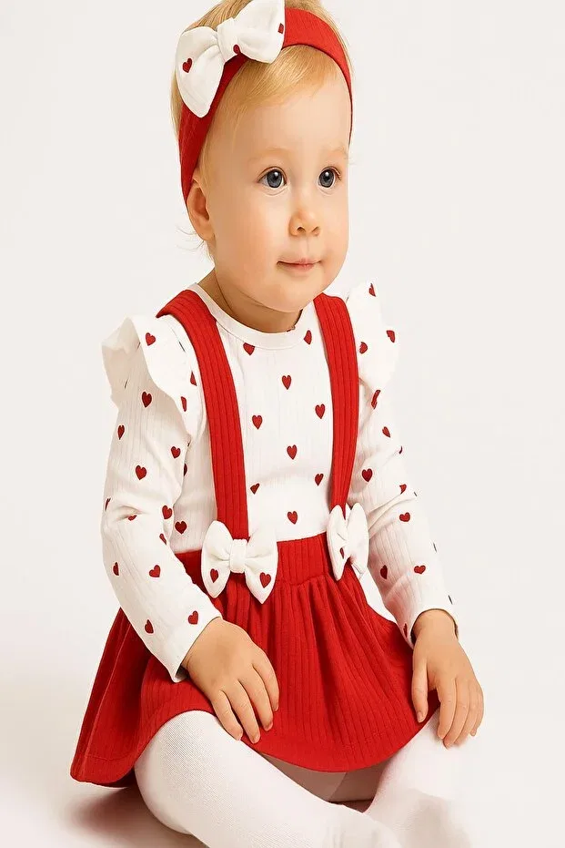 Детское платье-блейзер для девочек с принтом Baby Girl Heart Flower Print Bow Detail Bandana Bottom Snap Fastener Bodysuit Dress 3-Piece Jewelry Set Dinamik Çocuk, Heart — фото 4