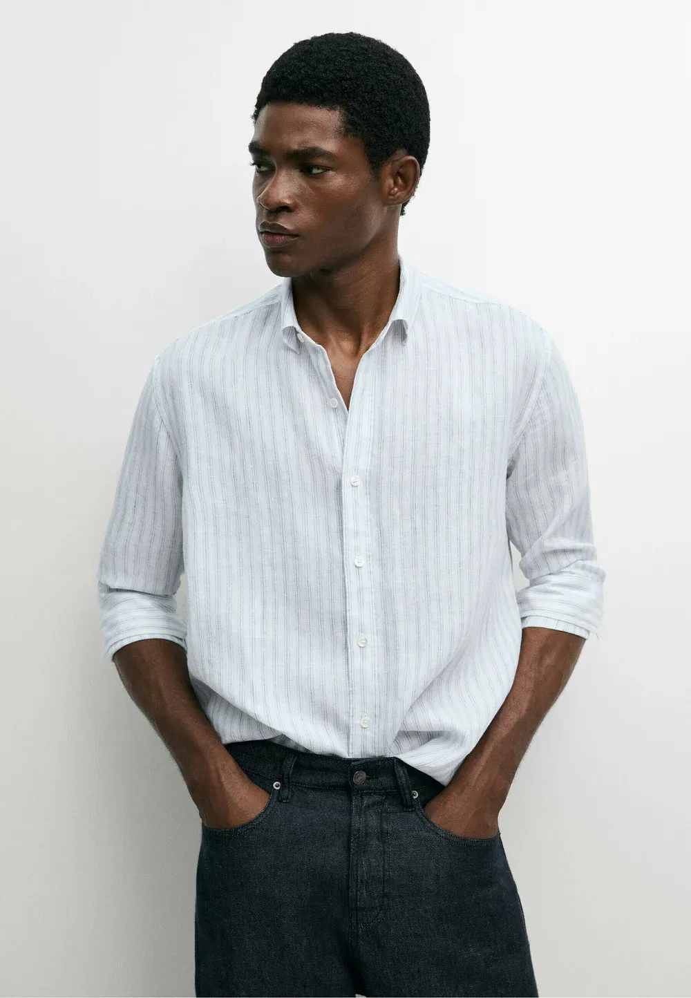 Рубашка в полоску из 100% высококачественного льна Massimo Dutti, Light Blue