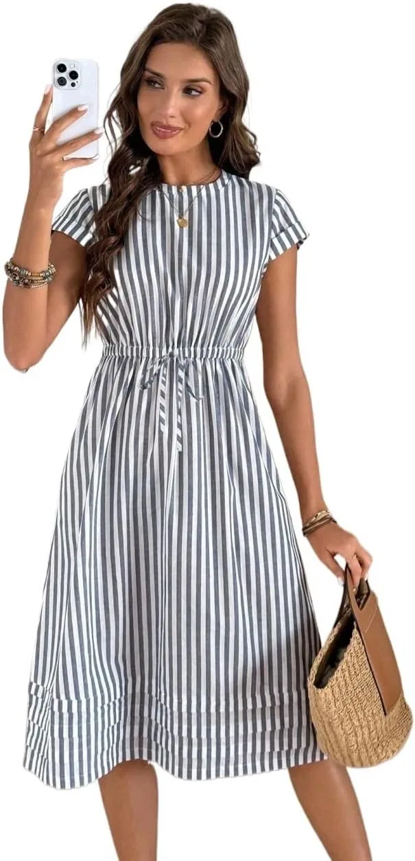 Женское повседневное платье миди с полосатым поясом, Round Neck, Blue and White